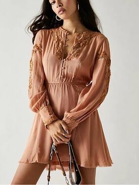 New! Free People One Paige Boho Lace Trim Long Sleeve Mini Dress M 25558